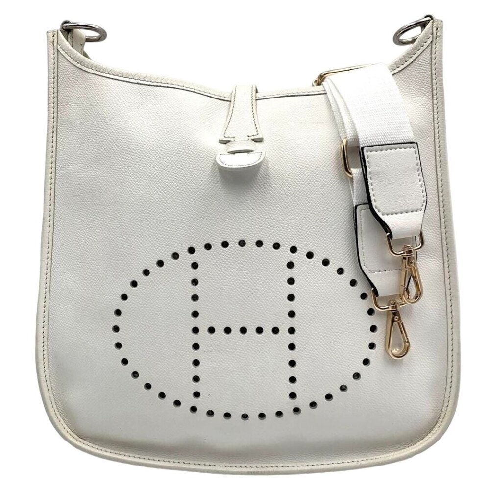 Authentic HERMES Evelyne PM Taurillon White Ivory Clemence Leather Shoulder Bag
